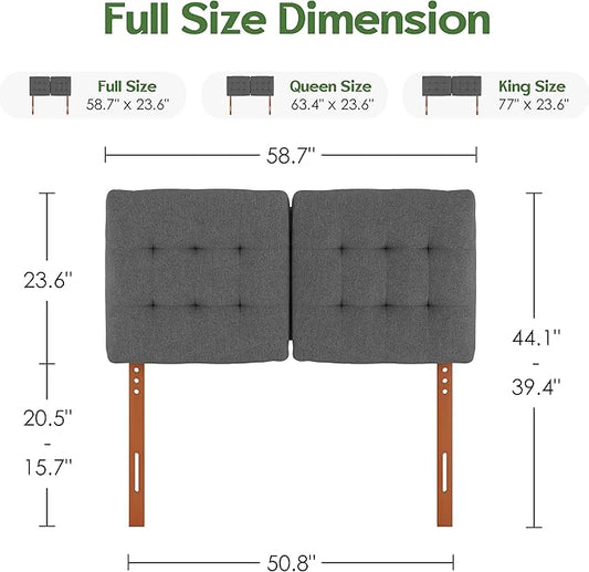 Tufted Upholstered Full Headboard, Adjustable Height Full Size Headboard Only from 39”to 44” with Durable Solid Wood Legs, Modern Button Diamond Fabric Head Board with Width Adapters, Grey