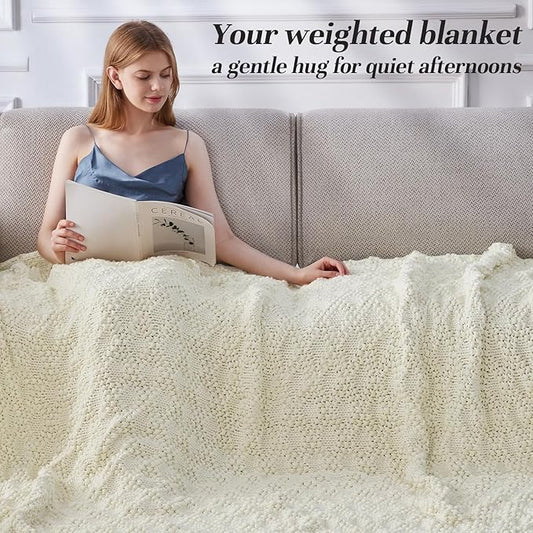 Knitted Weighted Blanket for Adult, Chunky Knit Weighted Throw for Sleep 50"*60" 7lbs, Cooling Breathable Heavy Blanket for Hot Sleepers, Machine Washable Blanket for Room Decor(Ivory White)