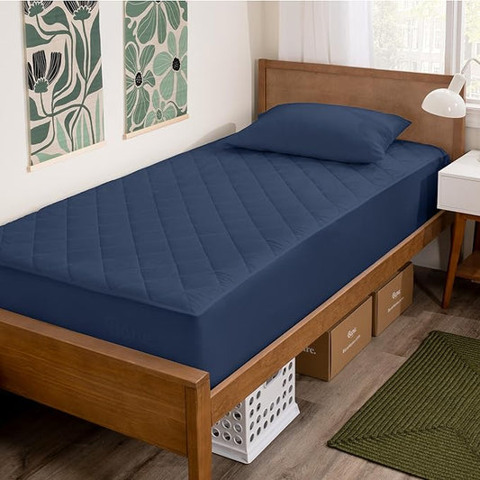 Bare Home Twin Quilted Fitted Mattress Pad - Cooling Mattress Cover - Easily Washable - Elastic Fitted Cover for Mattress - Stretch-to-Fit up to 15 Inches Deep (Twin, Dark Blue)