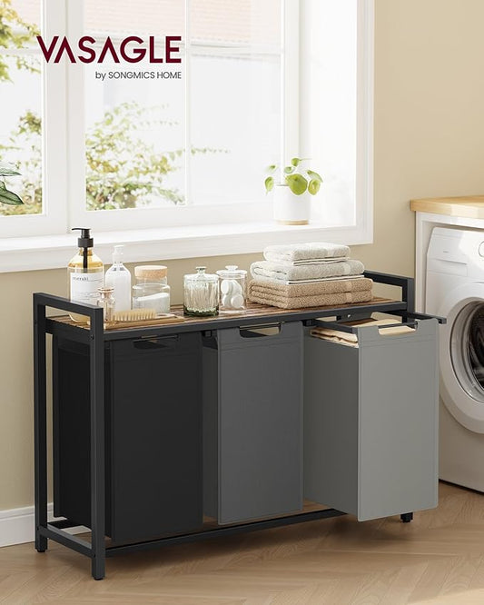 VASAGLE Laundry Hamper, Laundry Basket, Laundry Sorter with 3 Pull-Out and Removable Bags, Shelf, Metal Frame, 3 x 10.6 Gallons (40 L), 36.4 x 13 x 28.4 Inches, Tricolor and Rustic Brown UBLH301X01
