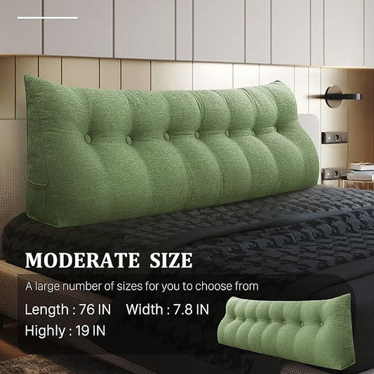 14 lbs Thickened Headboard Pillow Wedge Pillow Headboard Reading Pillow Bed for Backrest Reading Triangular Pillow with Side Pocket for Sitting in Bed Cotton Linen Green King