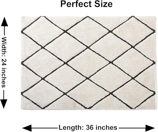 Organic Cotton Bathroom Rug, Luxury Non Slip Ultra Soft & Water Absorbent Bath Mat| Diamonds Design Premium Bath Rug | Perfect for Tub & Shower, Toilet Floors, Door Mat (36"x24", Ivory & Black)