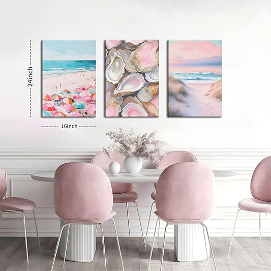 Preppy Coastal Canvas Wall Art Set of 3, Trendy Pink Beach Wall Decor Paintings, Summer Beachy Shells Oyster Aesthetic Posters Prints Pictures for Girls Room Dorm Bathroom Bedroom 16x24 Inch Framed