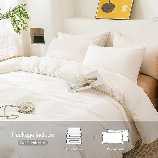 ECOCOTT 100% Washed Cotton Duvet Cover Oversized King Size – Soft & Breathable Linen Feel Bedding Set, 3 Pieces White Comforter Cover with Zipper Closure for All Seasons