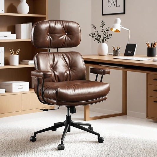 ovios Ergonomic Office Chair, High Back Faux Leather Executive Chairs with Thick Cushion, Comfy High-Century Modern Swivel Rolling Computer Armchair (Dark Brown, PU Leather)