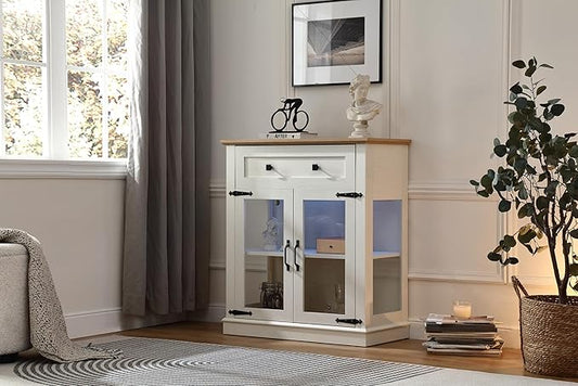Modern 31.5'' Small Sideboard Buffet Cabinet with Storage,Small Coffee bar Cabinet with a Drawer and Adjustable Shelf,Glass Doors Sideboard Buffet with LED for Kitchen,Antique White