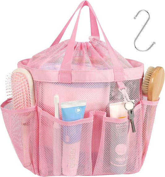 F-color Mesh Shower Caddy Portable with Drawstring - Upgrade Deeper 7 Pockets Dorm Room Essentials for Guys Girls with S Hook, Shower Bag Basket Tote for College Camping Toiletry Bathroom, Pink