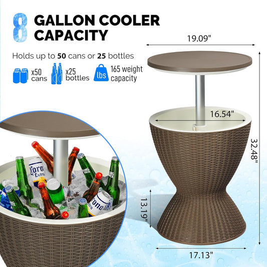 Outdoor Cooler Side Table,Outdoor Cooler Table, Height-Adjustable Outdoor Cool Bar w/ 8 Gallon Beer and Wine Cooler, All-Weather Resistant Patio Cooler Ice Cool Bar for Deck Pool Party (Coffee)