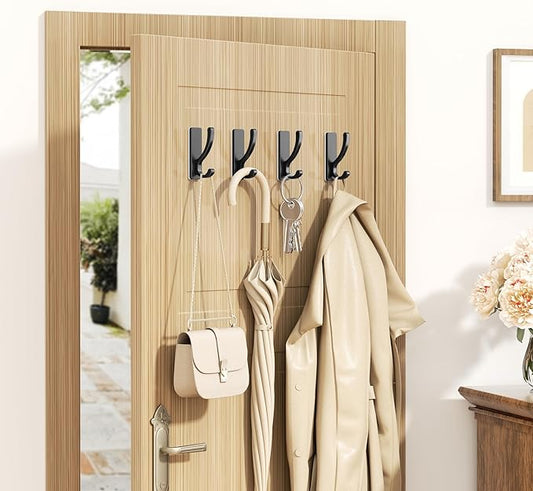 pickpiff Adhesive Wall Hooks for Towels - Sticky Hook Hanging Heavy Duty (13lb), Hanger for Door, Bathroom, Dorm, Closet - for Coats, Purse, Bag, Robe - No Damage to Wall - Black 4 Pack