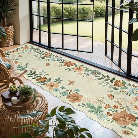 Lahome Floral Washable Runner Rug, 2'6''x8' Soft Hallway Rug Non Slip, Boho Ultra-Thin Kitchen Runners for Hallways with Rubber Backing Carpet for Laundry Bedroom Bathroom(Beige)