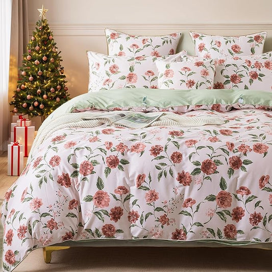 FADFAY Duvet Cover Set Queen Rose Floral Bedding Shabby Pink Hydrangea Flower Comforter Cover Set Vintage Farmhouse Bedding 100% Cotton Soft Quilt Cover with Hidden Zipper Closure 3Pcs, Queen Size
