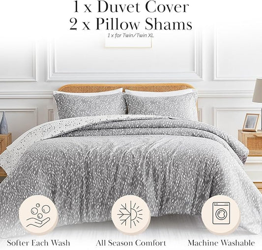 Southshore Fine Living, Inc. Reversible Oversized King Duvet Cover Set, California King Duvet Cover Pattern Botanical, Hotel Quality Bedding King/Cal King, 2 Grey Pillow Shams - Botanical Leaves Grey