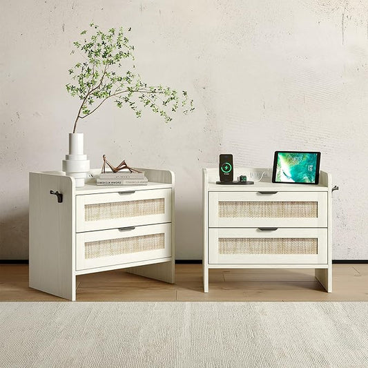 Rattan Nightstand Set of 2, Bedside Table with Type-C Charging Station - 2 Storage Drawer Space, Boho End Table Side Table for Bedroom Office, Large Night Stand with Charging Port
