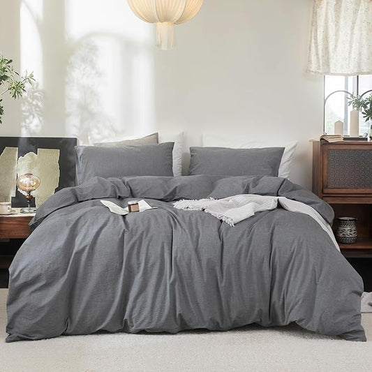 FOSSA Duvet Cover Set 100% Washed Cotton Linen Feel Super Soft Breathable Cozy 3 Pieces Bedding Sets Solid Dark Grey Oversized King Plus