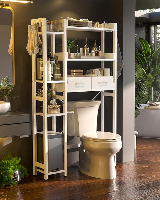 Over The Toilet Storage with 2 Drawers - 7 Tier Bathroom Organizer with Adjustable Shelf, Freestanding Space Saver Storage Rack Above Toilet Stand with 4 Hooks for Restroom, Laundry, White