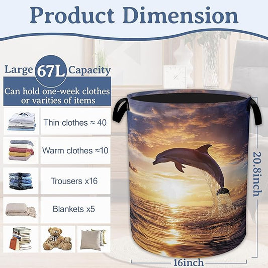 Dolphins Laundry Basket,Foldable Oxford Cloth Sunset Laundry Hamper With Handle, 20.8"x16" Portable Clothes Storage Basket Bag for Laundry Room/Bathroom/Bedroom/Dormitories