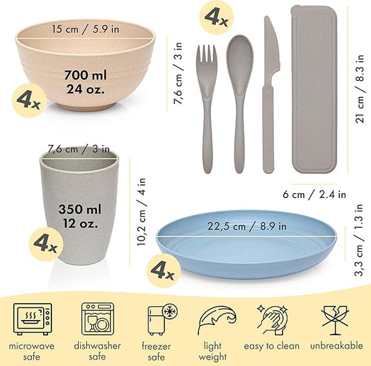 FOODLE Wheat Straw Dinnerware Set - BPA Free & Safety Tested - Microwave & Dishwasher Safe - Perfect for Picnic, Dorm, RV Dishes - Camping Plates Cups and Bowls Set - Great for Kids & Adults - For 4