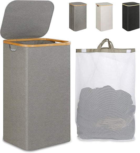 Laundry Hamper with Lid, 110L Large Laundry Hamper with Handle and Lid, Collapsible Clothes Basket Organizer with Removable Inner Bag for Clothes Toys Towels - Grey