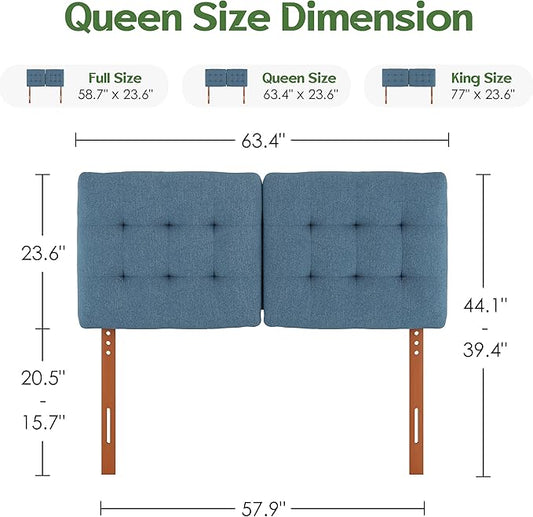 Upholstered Headboard Queen Size, Adjustable Height Queen Headboard Only from 39”to 44”with Durable Solid Wood Legs, Modern Button Diamond Fabric Bed Head Board with Width Adapters, Blue