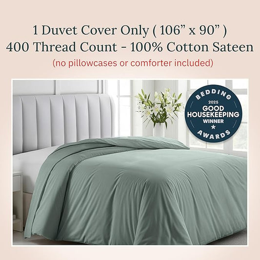 California Design Den Natural 100% Cotton Duvet Cover King Size Only - Premium 400 Thread Count Duvet Covers King, Soft Sateen Weave, Button Closure and Corner Ties - Sage Green