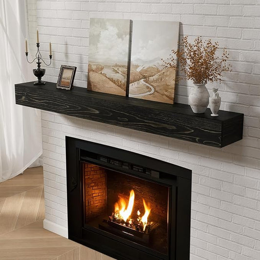 Fireplace Mantel 60inch, Solid Wood Mantel Shelf Handcrafted Rustic, Handcrafted Wood Fireplace Mantels Floating Mantle Shelves Decor for Wall, Bedroom, TV, Books, Livingroom 60 X 8 X 5 - Black