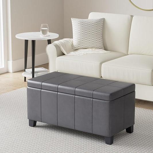 SIMPLIHOME Dover 36 inch Wide Contemporary Rectangle Storage Ottoman Bench in Distressed Black Vegan Faux Leather, Assembled, For the Living Room, Entryway and Family Room