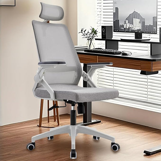 Ergonomic Mesh Office Chair with Dynamic Lumbar Support & Adjustable Headrest, Home Office Desk Chair with 90° Swivel Flip-Up Arms, Grey - Tilt Lock, Height Adjustable, 350 lbs Capacity