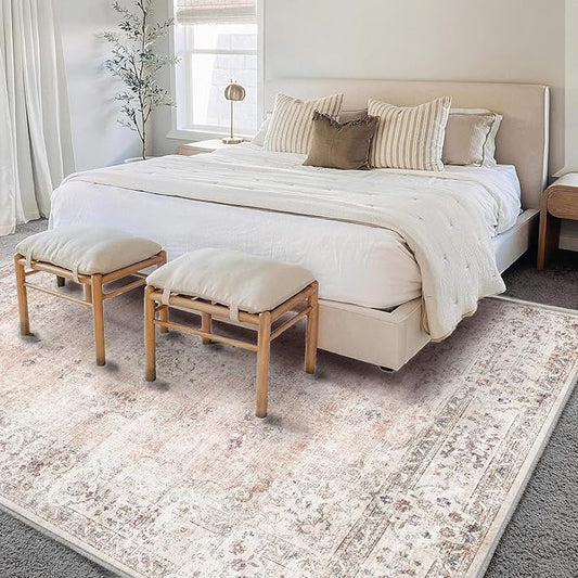 Area Rug 6'x9' Washable Vintage Traditional Floor Cover Thin Retro Kitchen Indoor Distressed Non Slip Carpet for Living Room Bedroom Dining Room