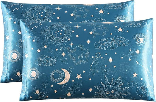 EXQ Home Satin Pillowcase for Hair and Skin, Soft Cooling Printed Pillow Cases King Size Set of 2 Satin Pillow Case with Envelope Closure(Sun,20x40 inches