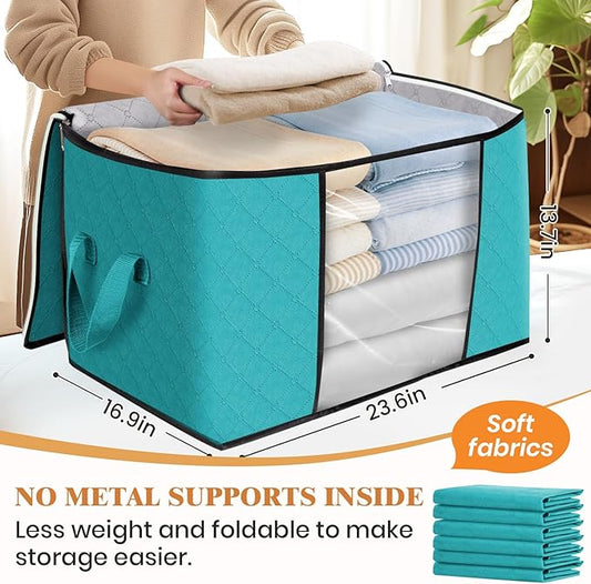 Fab totes 24 Gallons Clothes Storage, Foldable Thick Fabric Blanket Storage Bags, Containers for Organizing Bedroom, Closet, Clothing, Comforter, Organization with Handle (4 Pack,Green)