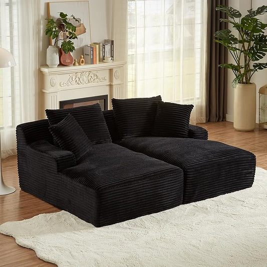 80 Inch Double Chaise Lounge Chair Indoor, Oversized Sectional Corduroy Upholstered Boneless Sofa Bed, Deep Seat Sleeper Loveseat Reading Chairs, Cloud Sofas Couches, No Assembly Required (Black)