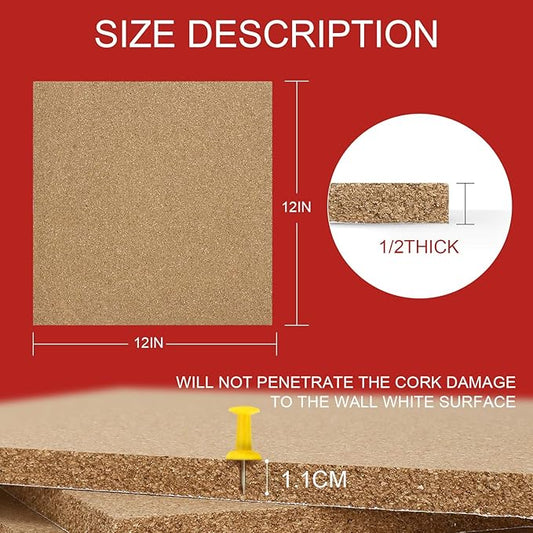 Cork Board Tiles 12”X 12” – 1/2” Thick Cork Board – Bulletin Board – Pin Board Decoration for Pictures,Ultra Strength Adhesive Backing – 6 Pieces Cork Boards for Walls – 1 Box Push Pins