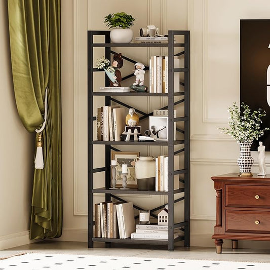Homeiju Organization and Storage,Tall Bookcase with Shelves, Wood and Metal Book Shelf Storage Organizer, Industrial Display Standing Shelf Unit for Bedroom, Living Room, Black