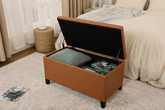 Joveco Storage Ottoman Bench, 33 Inches Faux Leather Rectangle Tufted Foot Stool for End Foot of Bed, Bedroom, Living Room,Vibrant Orange