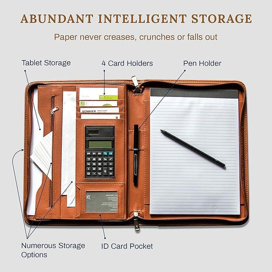 Cossini Premium Business Portfolio with Zipper – Padfolio - Superior Business Impressions Begin with PU Vegan Leather, 10.1 Inch Tablet Sleeve, Smart Storage, Solar Calculator, Writing Pad - Tan