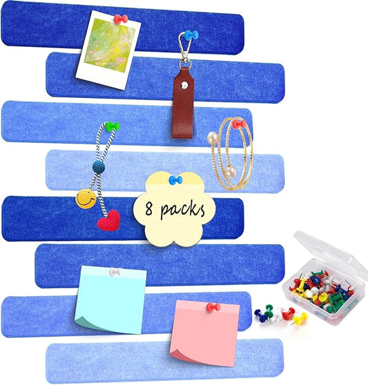 8Pcs Felt Bulletin Board Strips, Cork Board Strips for Walls Self Adhesive with 50 Pushpins, Colorful Cork Strips for Office Classroom Decor, Small Bulletin Board to Paste Photos, Notes (Blue)