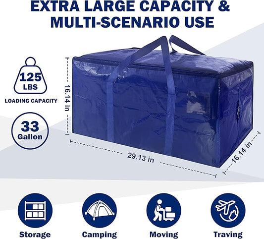 4 Pack Extra Heavy Duty Large Moving Bags with Strong Zipper & Carrying Handles, Sturdy Clothes Storage Bag Totes Bins, Packing Bags Moving Boxes College Moving Supplies, Dark Blue - 33 gal
