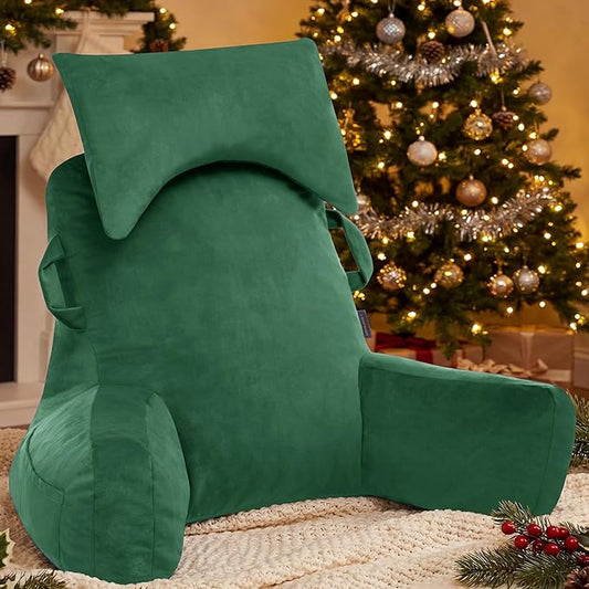 Portable Reading Pillows with Headrest for Bed Sitting Up(Green Oeko-Tex), Velvet Back Pillow with Arms & Pockets for Adults, Support Memory Foam Bed Pillow for Dorm/Reading/Watching/Gaming