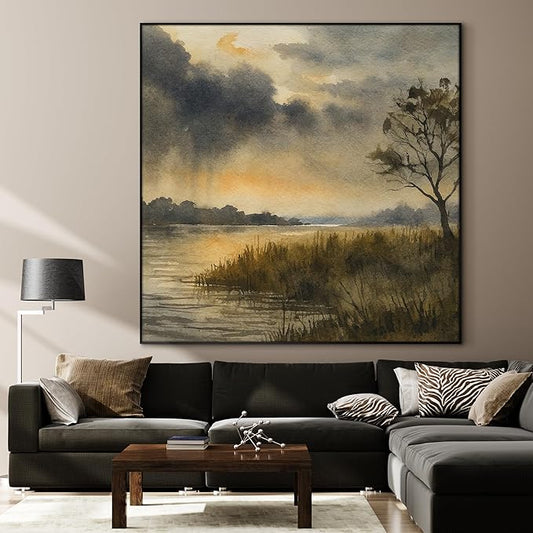 36"x36" Large Framed Wall Art - Golden Dusk River Landscape Watercolor Nature Scene (Frame Assembly Required)