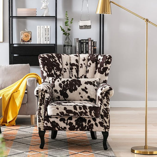 Cow Print Accent Chairs Set of 2 with Arm Comfy Velvet Living Room Chair Mid-Century Modern Wingback Side Chair Single Sofa Couch for Bedroom Guest Room