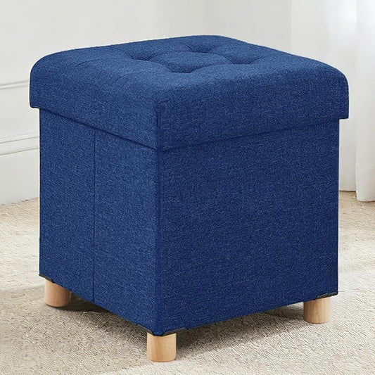 BRIAN & DANY Ottoman with Storage, Small Storage Ottoman for Dorm, Linen Folding Ottoman Foot Stool with Legs for Living Room and Bedroom, 14.8"x14.8"x16.1" - Blue