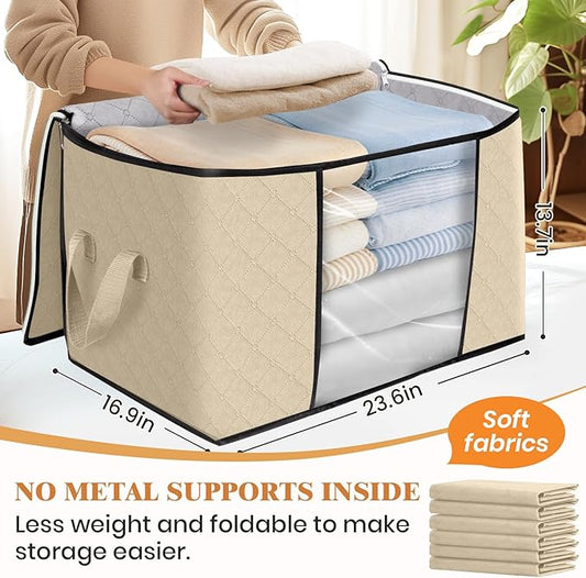 Fab totes 24 Gallons Clothes Storage, Foldable Thick Fabric Blanket Storage Bags, Containers for Organizing Bedroom, Closet, Clothing, Comforter, Organization with Handle (6 Pack,Beige)
