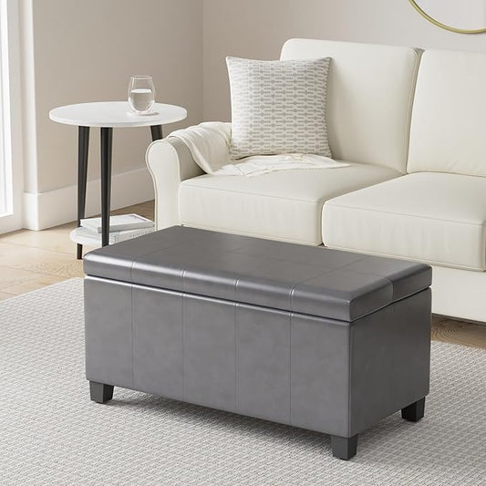 SIMPLIHOME Dover 36 inch Wide Contemporary Rectangle Storage Ottoman Bench in Stone Grey Vegan Faux Leather, Assembled, for the Living Room, Entryway and Family Room