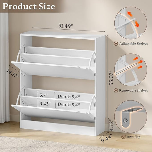 Shoe Cabinet with 2 Flip Drawers, Slim Narrow Shoe Storage Cabinet, Freestanding Shoe Organizer with Adjustable & Removable Shelves, Top Display Shelf for Entryway, Hallway, Foyer, Closet