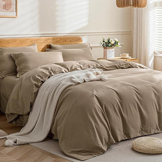 JELLYMONI Cotton Duvet Cover Full Size - Khaki Comforter Cover with Button 100% Washed Cotton 3PCS Breathable Soft Solid Bedding Set Duvet Cover 80×90in & 2 Pillowcases (NO Comforter)