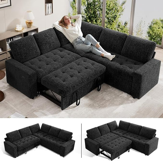 WEUP 5 Seat L Shaped Sectional Sleeper Sofa Bed with Pull Out Bed, Chenille Sectional Sleeper Couch with Adjustable Backrest, USB Ports & Storage Seat, Tool-Free Assembly, Chenille Black