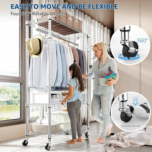 Heavy Duty Rolling Garment Rack 3 Tiers Adjustable Wire Shelving Clothes Rack with Rods and Side Hooks,Storage Closet Clothing Rack with Wheels Chrome 15.7" D x 29.5" W x 74.5" H