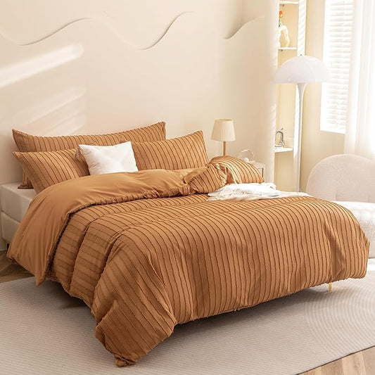 JELLYMONI Duvet Cover King Size Rust - 3PCS Boho Striped Duvet Cover Set Polyester Tufted Bohemian Textured Comforter Cover 104×90in with Corner Ties & Zipper and 2 Pillowcases