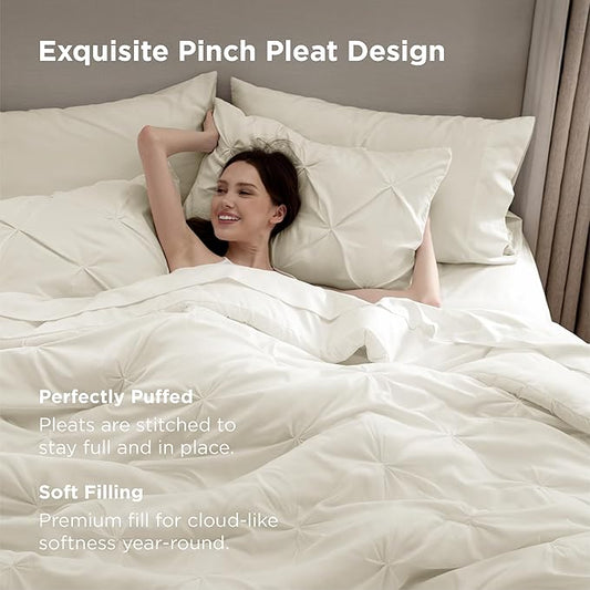 Bedsure King Size Comforter Set Ivory - Bed in a Bag Bedding Set 7 Pieces, GentleSoft™ Pintuck Bed Set Gift for Family, Pinch Pleat Ivory Comforter with Sheets, Pillowcases & Shams