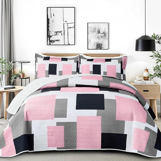 3 Piece Pink Grey Quilt Set Full/Queen Size Pink Gray White Geometric Reversible Bedding Set Microfiber Lightweight Bedspread Coverlet with 2 Shams Modern Bed Cover for All Season, 90''x96''